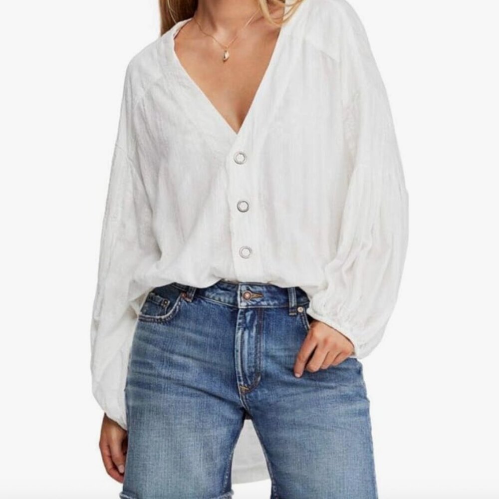 Free People We The Free Feel It Still Balloon-Sleeve Top White Large